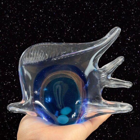 Multicolor Large Art Glass Fish Figurine Paperweight Blue W Clear Edges Heavy - Picture 14 of 14
